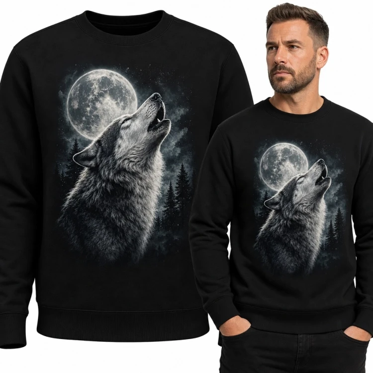 Bluza męska bez kaptura z wyją­cym wilkiem na tle pełni księżyca - nocny las