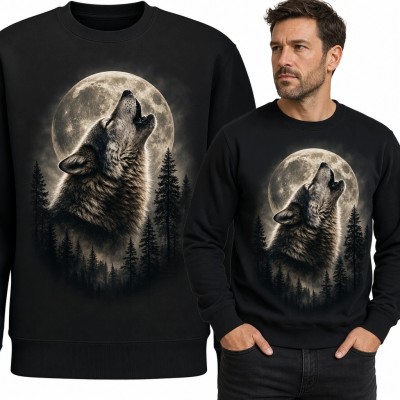 Bluza męska bez kaptura - monochromatyczny wilk na tle pełni i sylwetek drzew