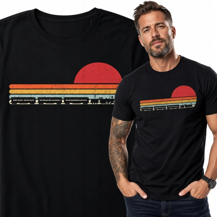 Koszulka męska z zachodem słońca - minimalistyczny motyw retro
