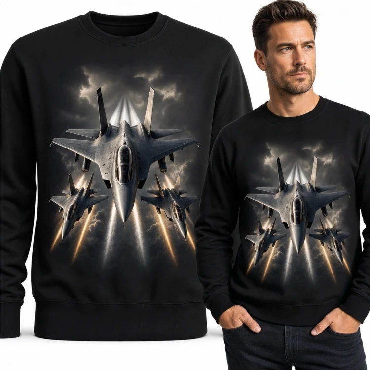 Bluza męska bez kaptura - trzy myśliwce w formacji