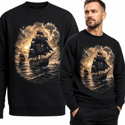 Bluza męska bez kaptura - dwa żaglowce na wzburzonym morzu