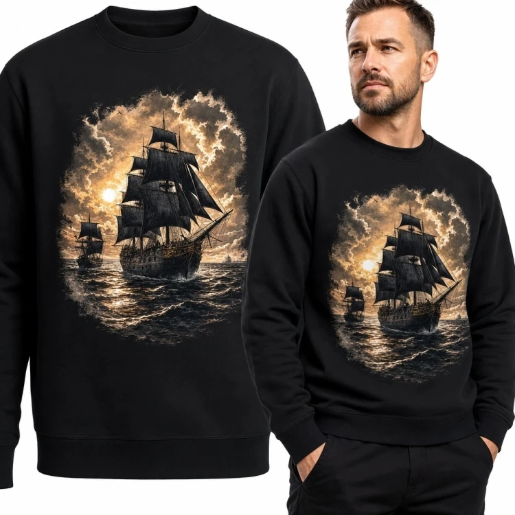 Bluza męska bez kaptura - dwa żaglowce na wzburzonym morzu