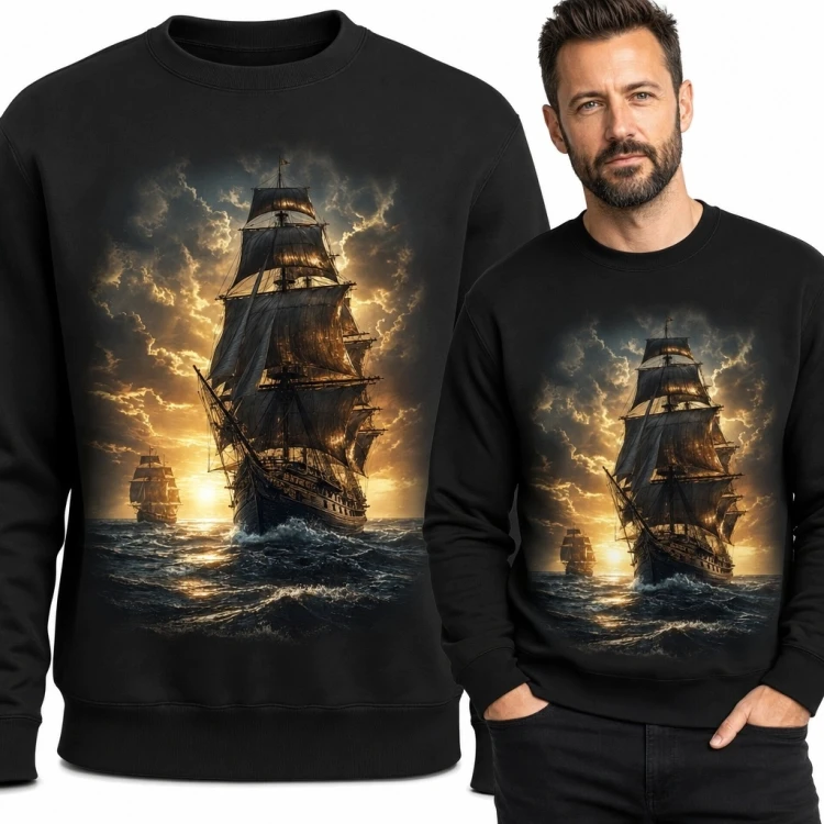 Bluza męska bez kaptura z żaglowcem na wzburzonym morzu