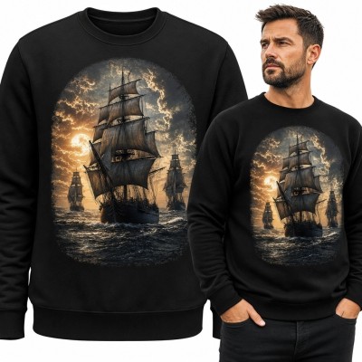 Bluza męska bez kaptura - flotylla żaglowców na wzburzonym morzu