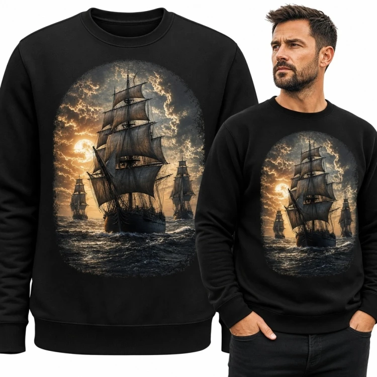 Bluza męska bez kaptura - flotylla żaglowców na wzburzonym morzu