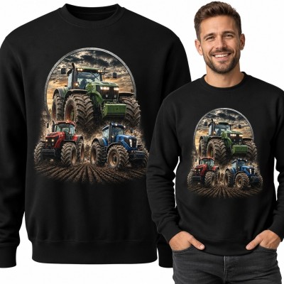 Bluza męska bez kaptura z trzema ciągnikami na polu - realistyczny motyw rolniczy