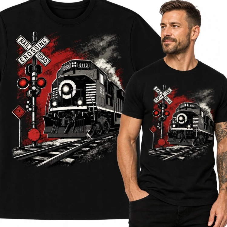 Koszulka męska z lokomotywą przy przejeździe kolejowym - wzór retro