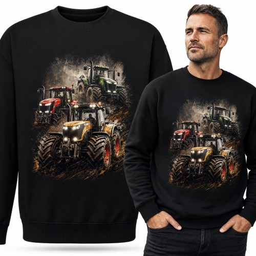 Bluza męska bez kaptura z trzema traktorami - rolnicze maszyny w błocie