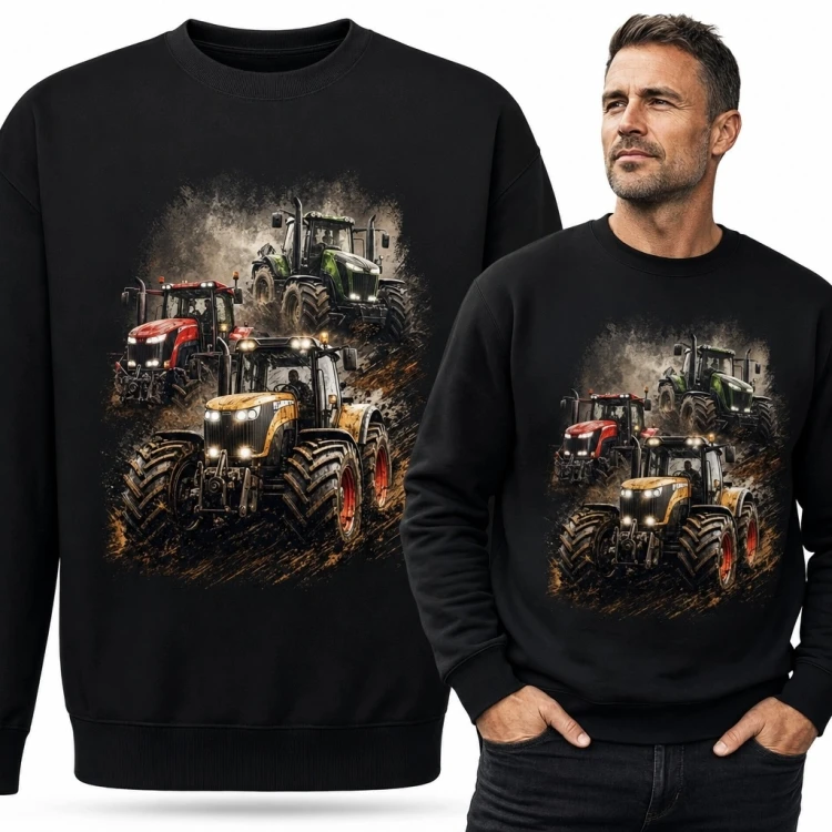 Bluza męska bez kaptura z trzema traktorami - rolnicze maszyny w błocie