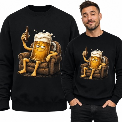 Bluza męska bez kaptura z zabawnym kuflem piwa w fotelu - humorystyczny nadruk
