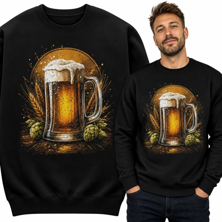 Bluza męska bez kaptura - kufel piwa z chmielem i kłosami zbóż
