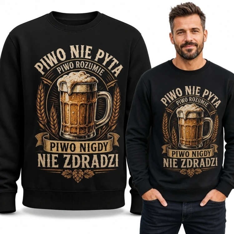 Bluza męska bez kaptura z kuflem piwa „Piwo nie pyta, piwo nigdy nie zdradzi” - wzór retro