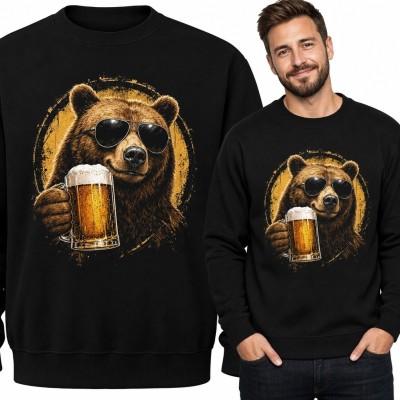 Bluza męska bez kaptura z niedźwiedziem i kuflem piwa - pubowy motyw