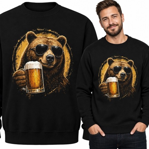 Bluza męska bez kaptura z niedźwiedziem i kuflem piwa - pubowy motyw