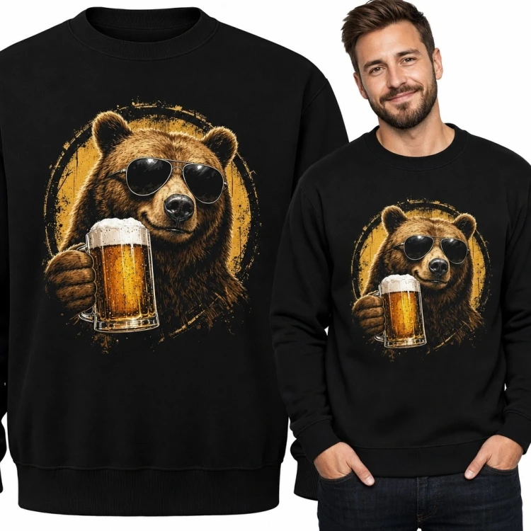 Bluza męska bez kaptura z niedźwiedziem i kuflem piwa - pubowy motyw