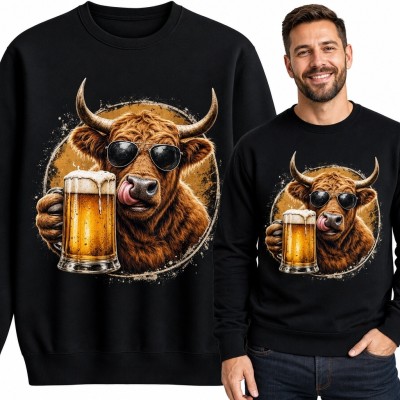 Bluza męska bez kaptura z bykiem w okularach i kuflem piwa - humorystyczny nadruk