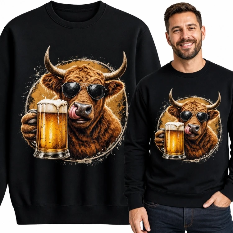 Bluza męska bez kaptura z bykiem w okularach i kuflem piwa - humorystyczny nadruk