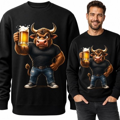 Bluza męska bez kaptura z muskularnym bykiem i kuflem piwa