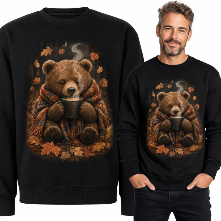 Bluza męska bez kaptura - jesienny niedźwiedź z kubkiem