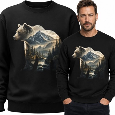 Bluza męska bez kaptura - niedźwiedź z górskim krajobrazem