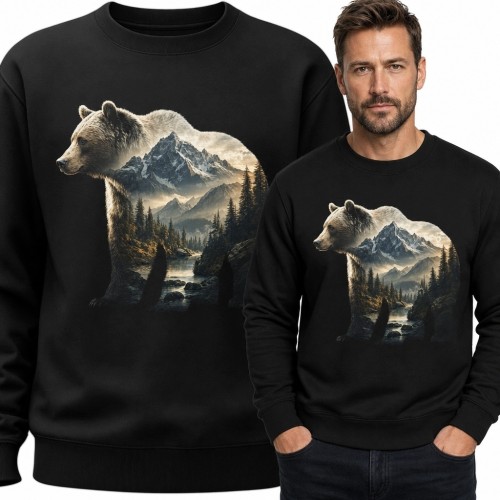 Bluza męska bez kaptura - niedźwiedź z górskim krajobrazem