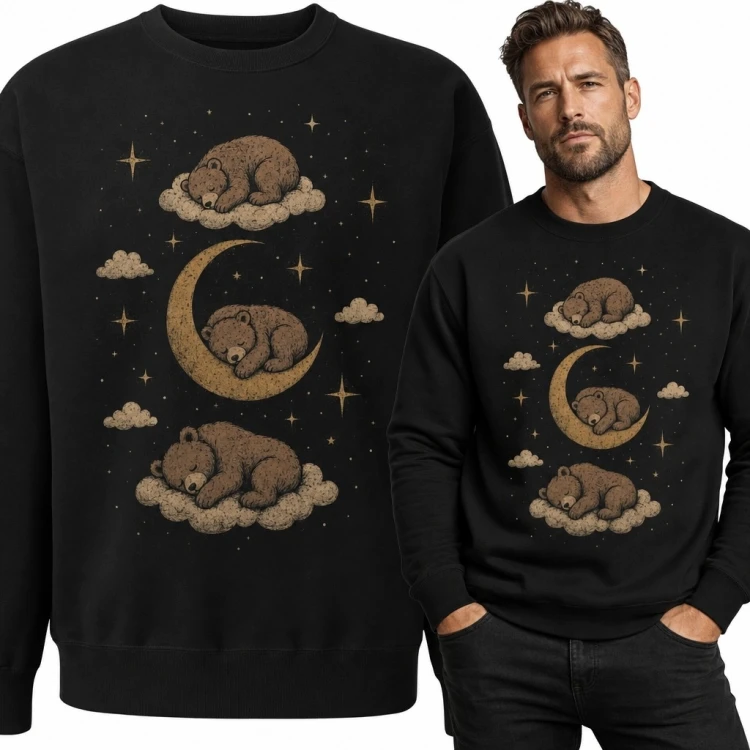 Bluza męska bez kaptura ze śpiącymi niedźwiedziami - księżyc i chmury
