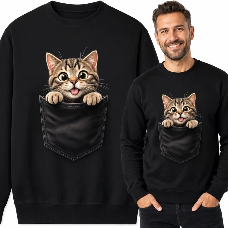 Bluza męska bez kaptura z kociakiem w iluzji kieszeni 3D - czarna