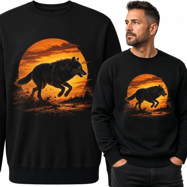 Bluza męska bez kaptura z biegnącym wilkiem - zachód słońca