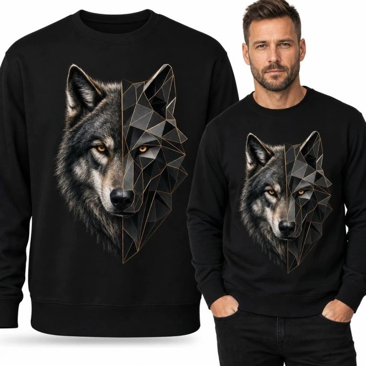 Bluza męska bez kaptura - realistyczny i geometryczny wilk