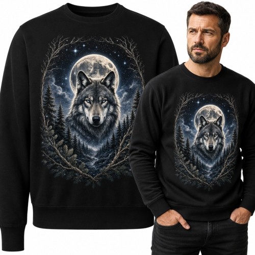 Czarna bluza męska bez kaptura z wilkiem na tle pełni księżyca