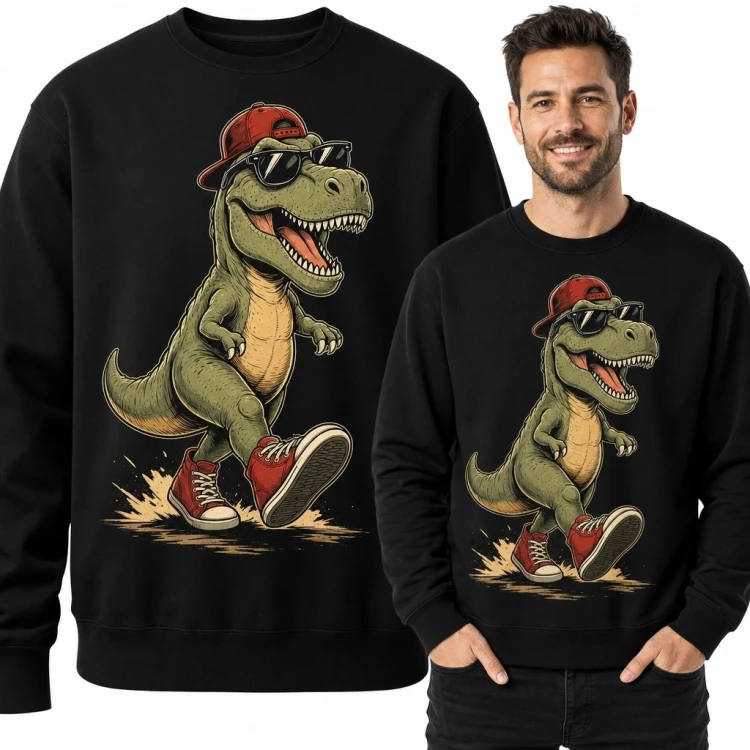 Bluza męska bez kaptura z T-Rexem w czerwonych trampkach - czarna