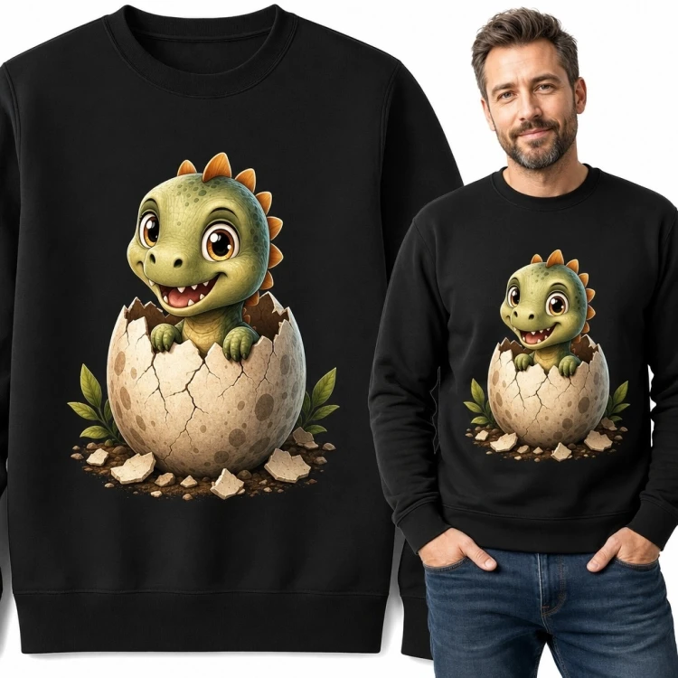 Bluza męska bez kaptura z małym dinozaurem wykluwającym się z jaja