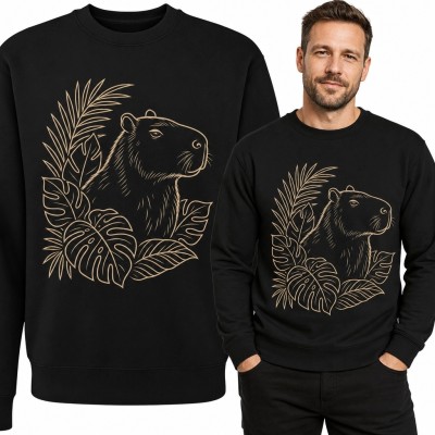 Bluza męska bez kaptura z kapibarą i tropikalnymi liśćmi - konturowy nadruk