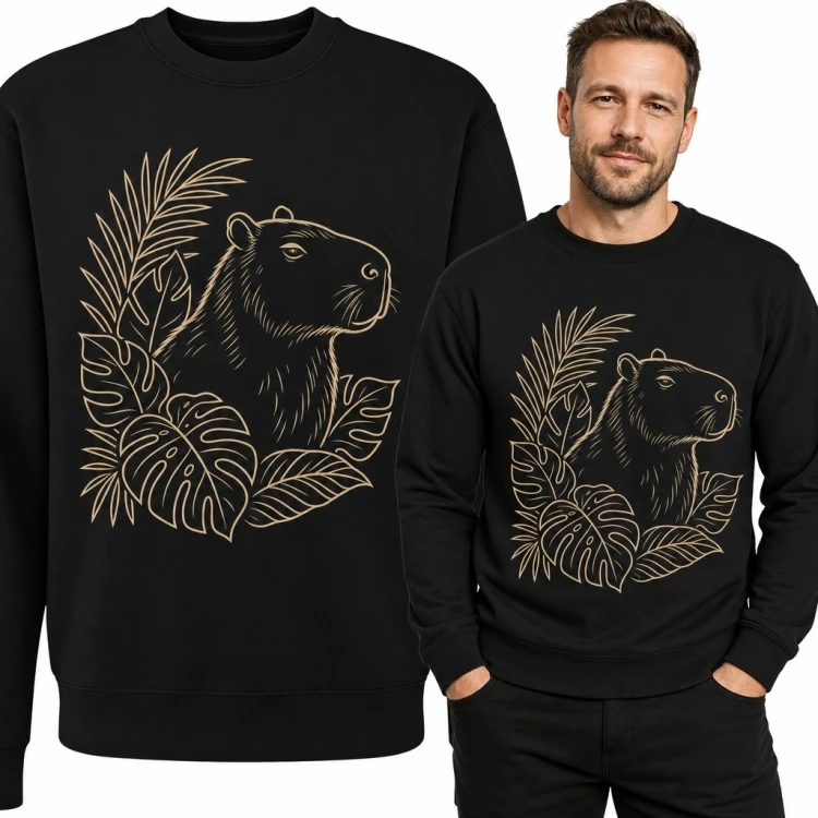 Bluza męska bez kaptura z kapibarą i tropikalnymi liśćmi - konturowy nadruk