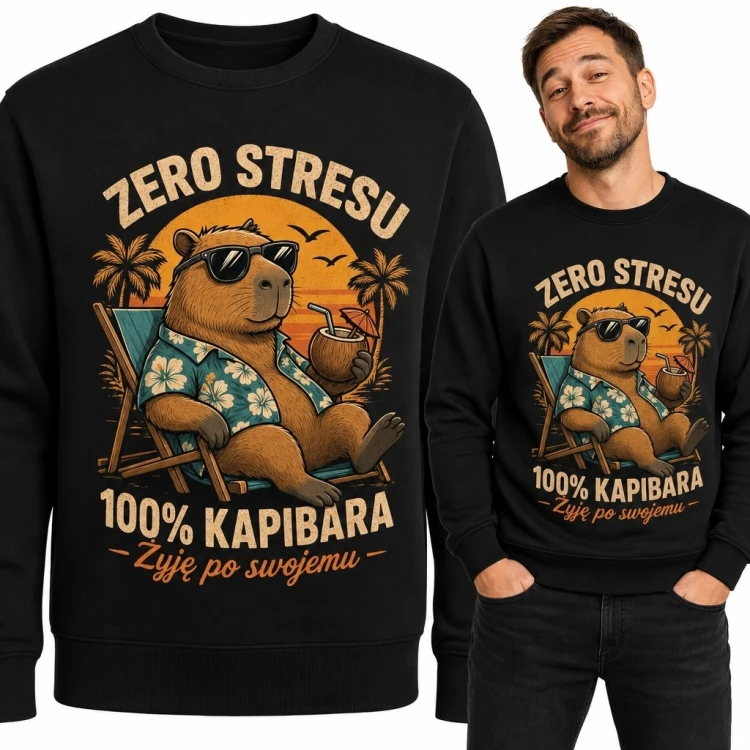Bluza męska bez kaptura z kapibarą „100% kapibara” - „Zero stresu”