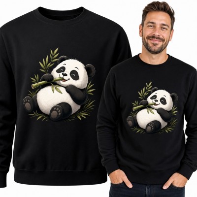 Bluza męska bez kaptura z pandą jedzącą bambus - uroczy motyw zwierzęcy