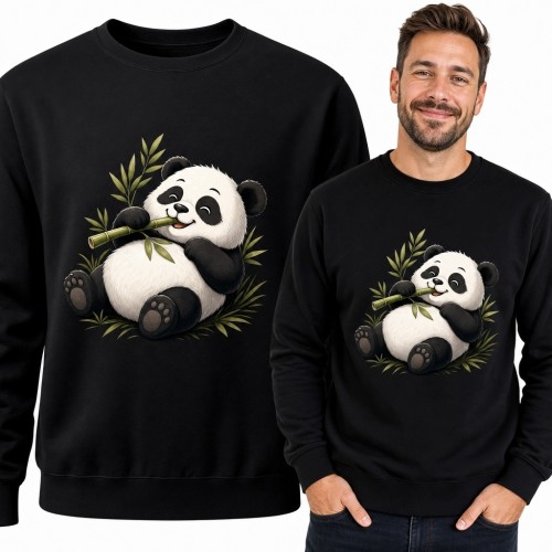 Bluza męska bez kaptura z pandą jedzącą bambus - uroczy motyw zwierzęcy