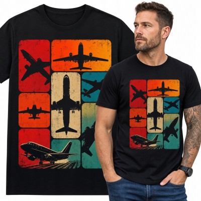 Koszulka męska z retro kolażem samolotów pasażerskich - lotnictwo cywilne