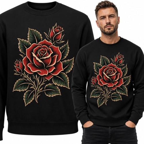 Bluza męska bez kaptura z czerwoną różą w stylu tattoo - czarna