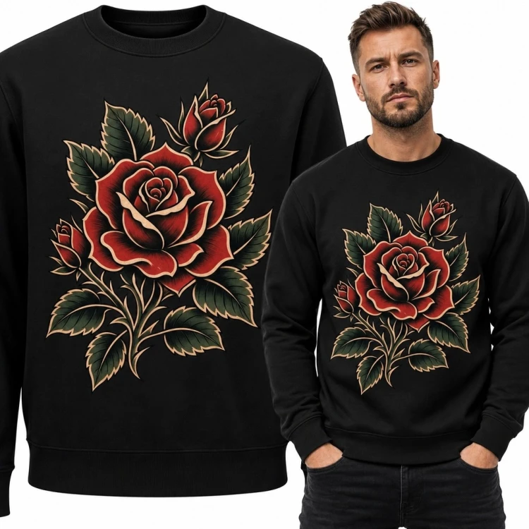 Bluza męska bez kaptura z czerwoną różą w stylu tattoo - czarna