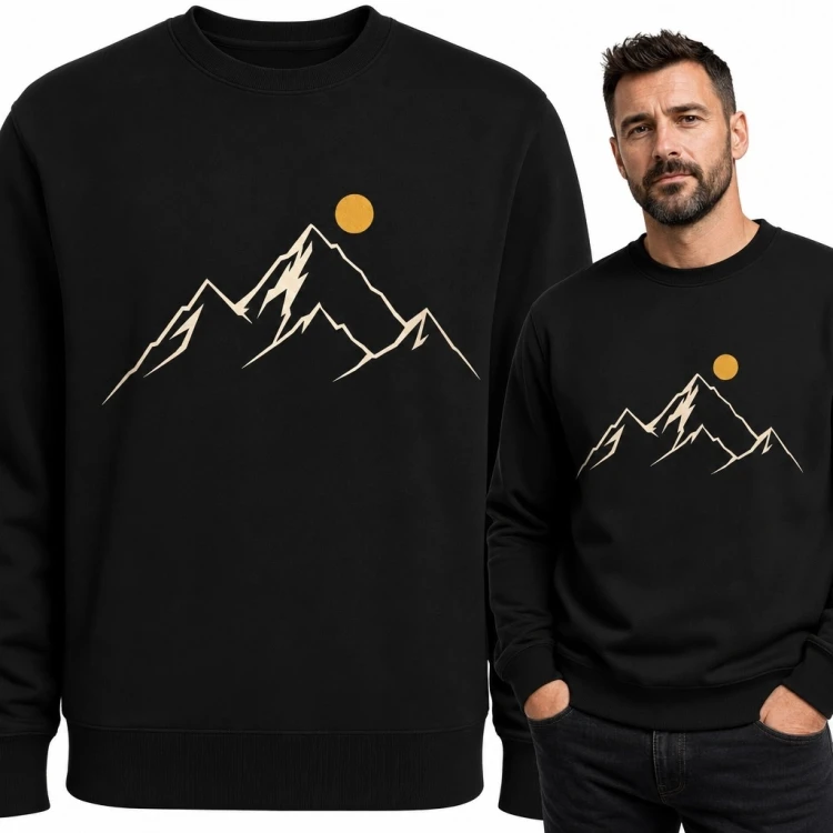 Bluza męska bez kaptura z minimalistycznym motywem gór i słońca