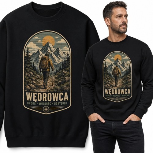Bluza męska bez kaptura z wędrowcem w górach „Wędrowca” - motyw retro