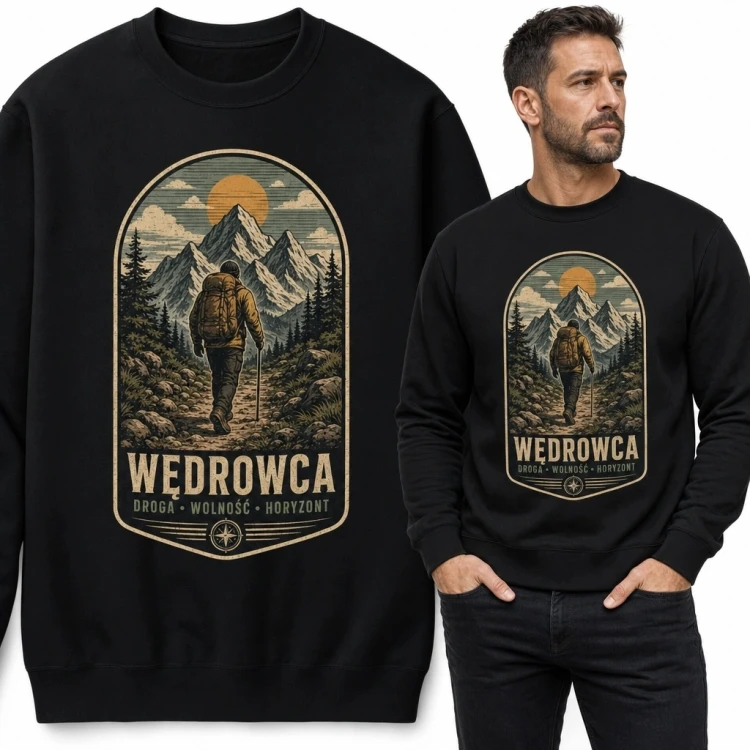 Bluza męska bez kaptura z wędrowcem w górach „Wędrowca” - motyw retro