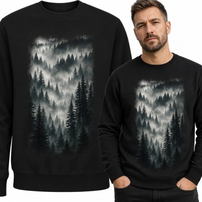 Bluza męska bez kaptura - zamglony las iglasty
