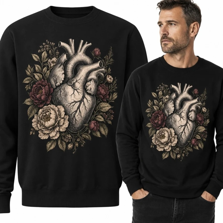 Bluza męska bez kaptura - anatomiczne serce wśród kwiatów