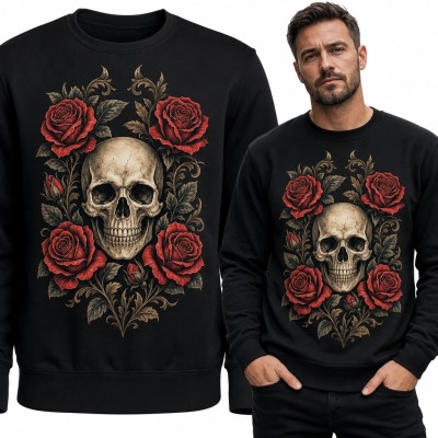 Bluza męska bez kaptura z gotycką czaszką i czerwonymi różami - mroczny wzór