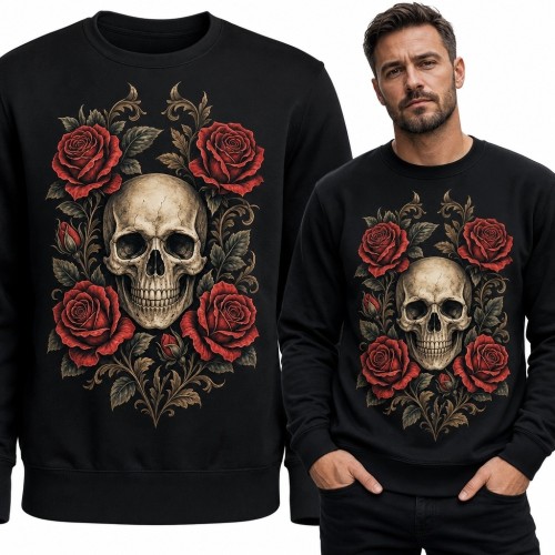 Bluza męska bez kaptura z gotycką czaszką i czerwonymi różami - mroczny wzór