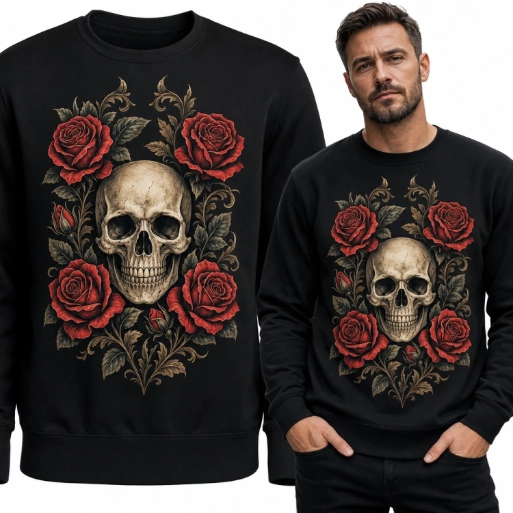 Bluza męska bez kaptura z gotycką czaszką i czerwonymi różami - mroczny wzór