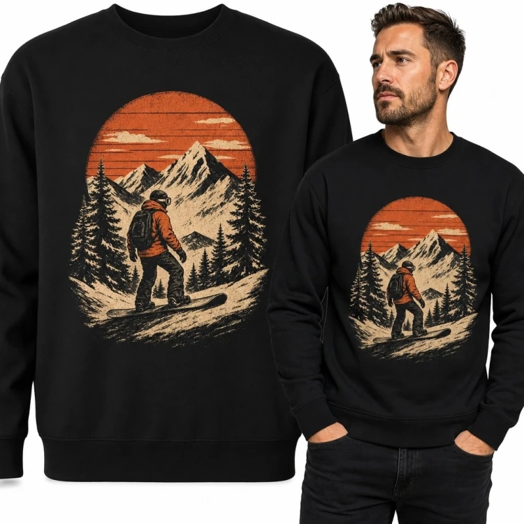 Bluza męska bez kaptura ze snowboardzistą - retro góry i zachód słońca