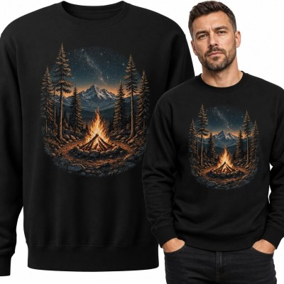 Bluza męska bez kaptura - ognisko w górskim lesie nocą